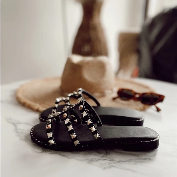 Shoes - Black Gold Stud Slides Sandals